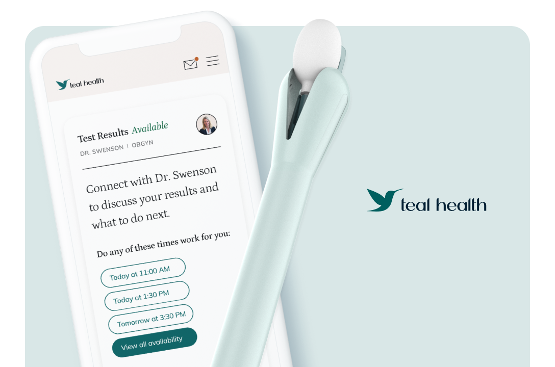 Phone showing Teal Health app 'Test Results Available' with appointment times, beside the Teal Wand.