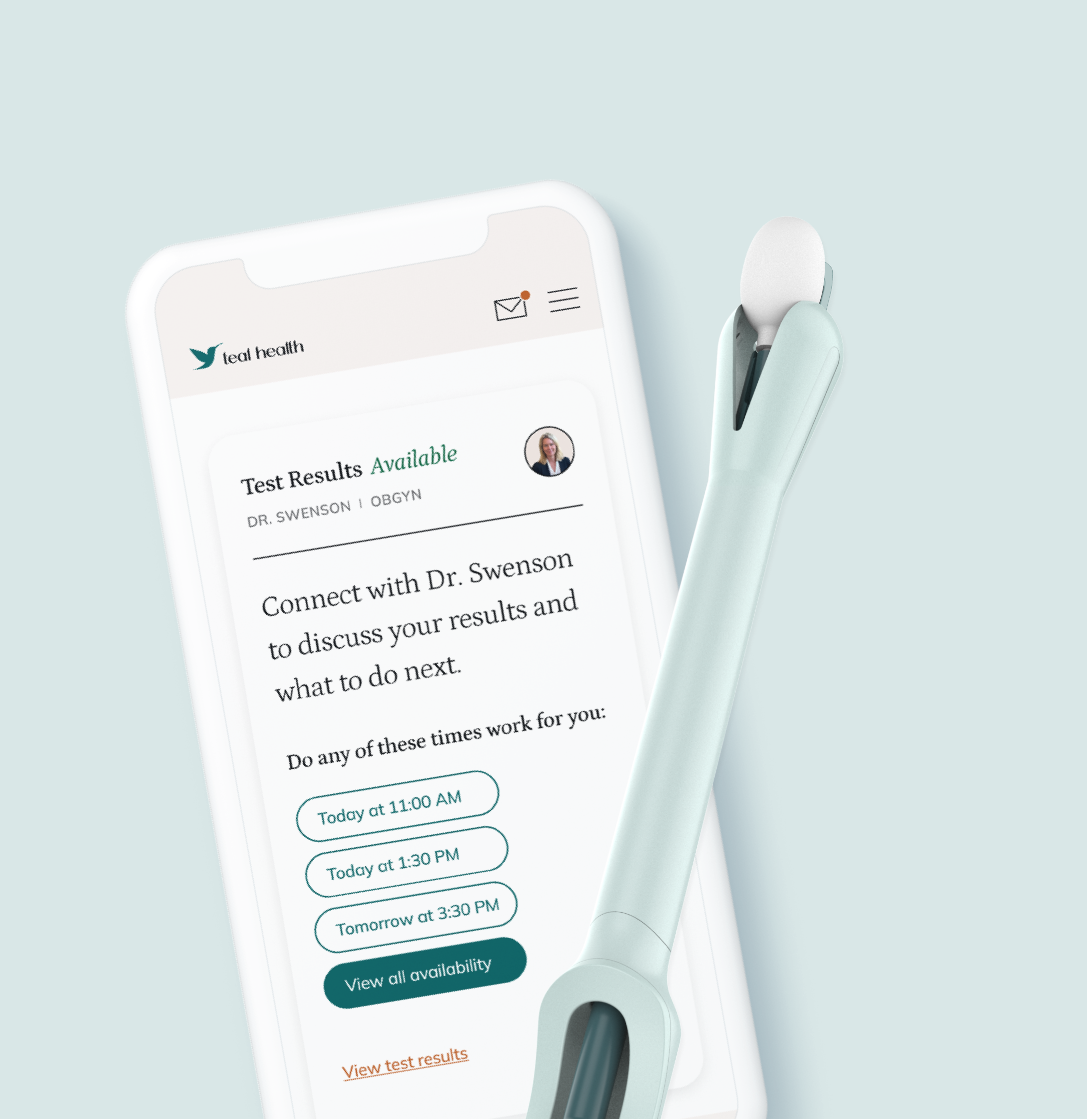 Phone showing Teal Health app 'Test Results Available' with appointment times, beside the Teal Wand.