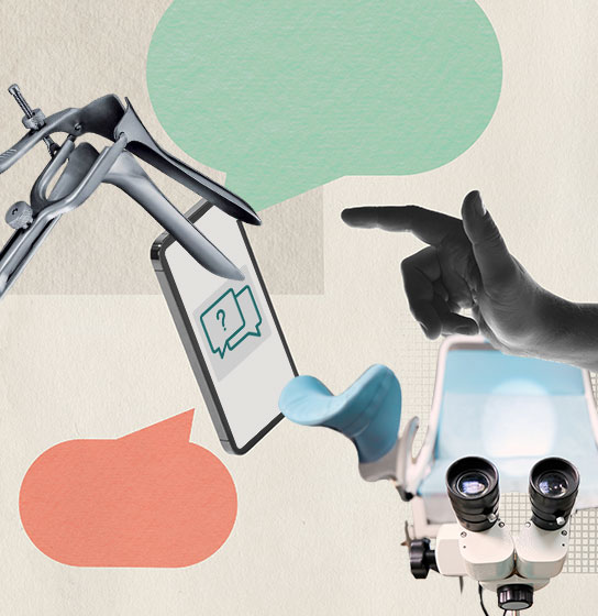 Collage of a speculum, a phone showing a chat bubble with a question mark, a hand, and an exam chair.