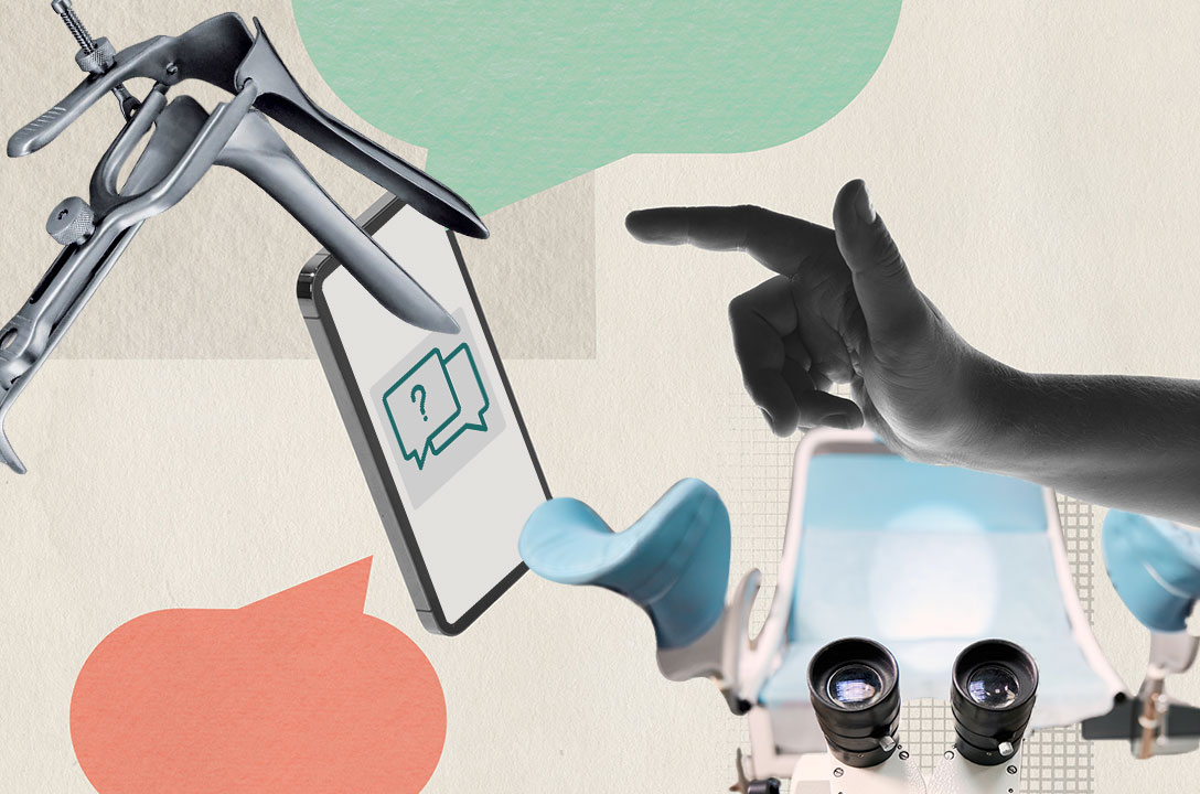Collage of a speculum, a phone showing a chat bubble with a question mark, a hand, and an exam chair.