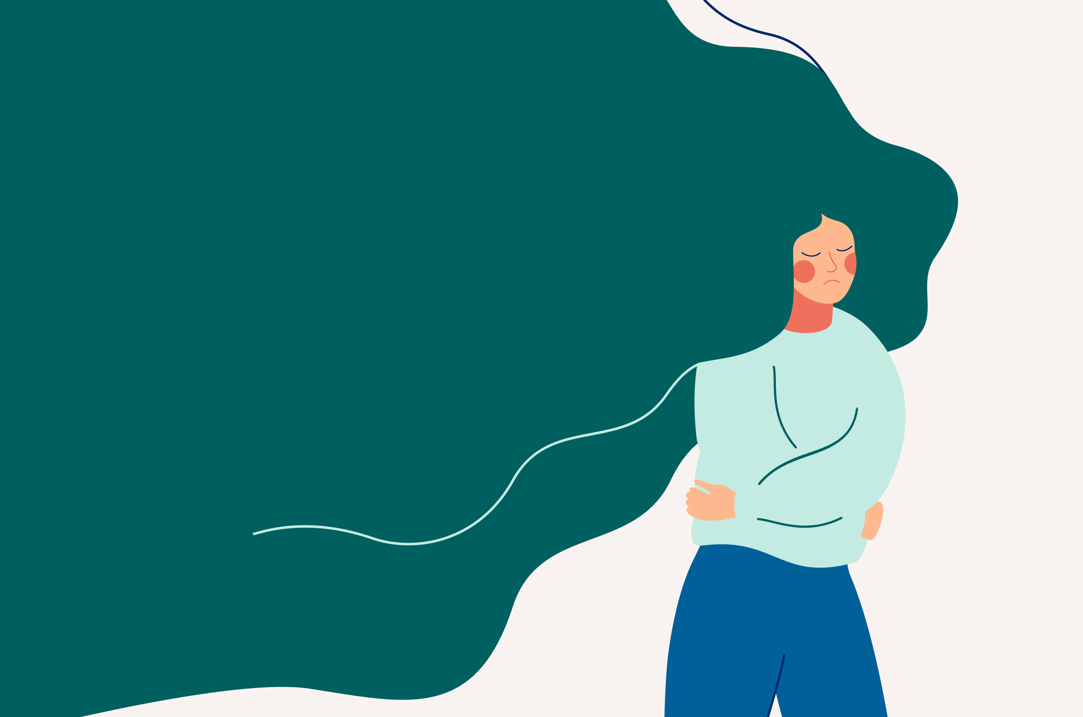 Illustration of a woman with long flowing teal hair holding her stomach, looking unwell.
