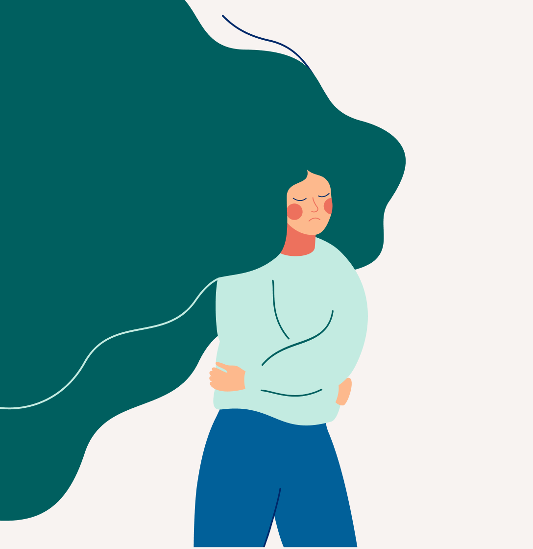 Illustration of a woman with long flowing teal hair holding her stomach, looking unwell.