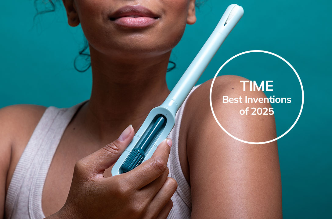 A woman holds the teal wand near her shoulder; a badge reads 'TIME Best Inventions of 2025.'