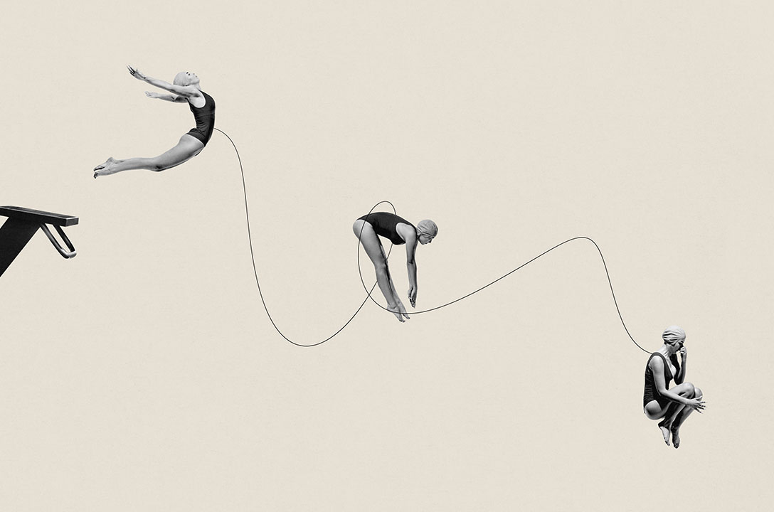 Black-and-white montage of a woman diving from a board in three poses, linked by a thin line.