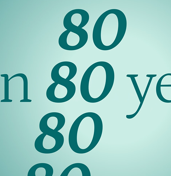 Teal typographic design repeating the number 80 with the words 'in 80 years.'