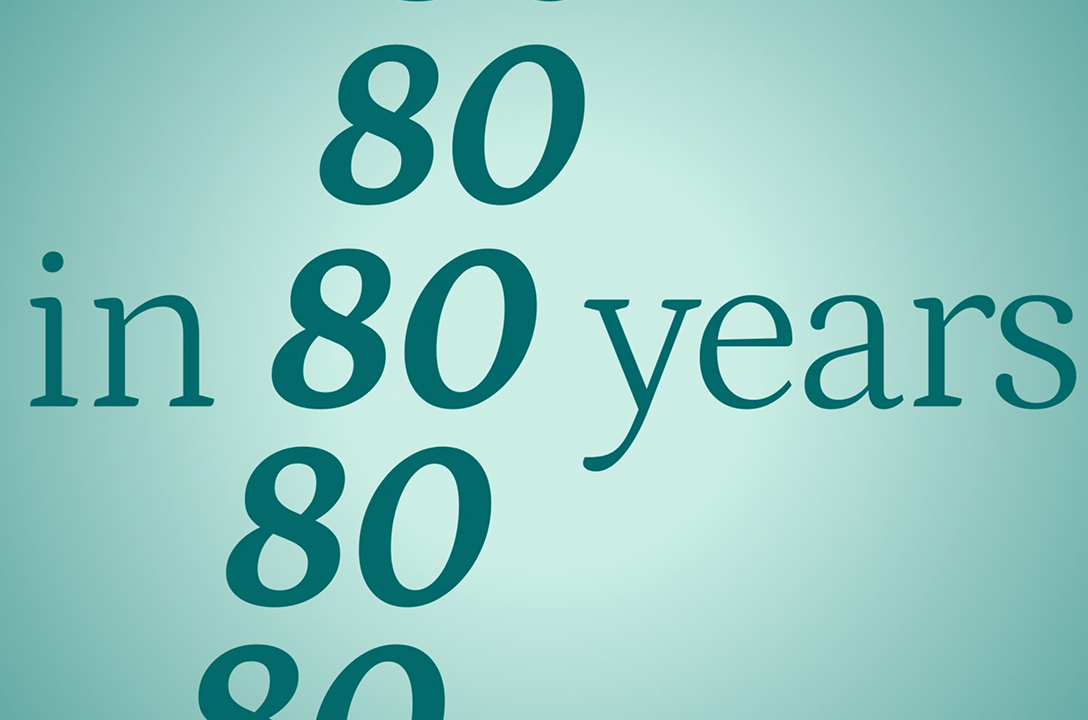 Teal typographic design repeating the number 80 with the words 'in 80 years.'