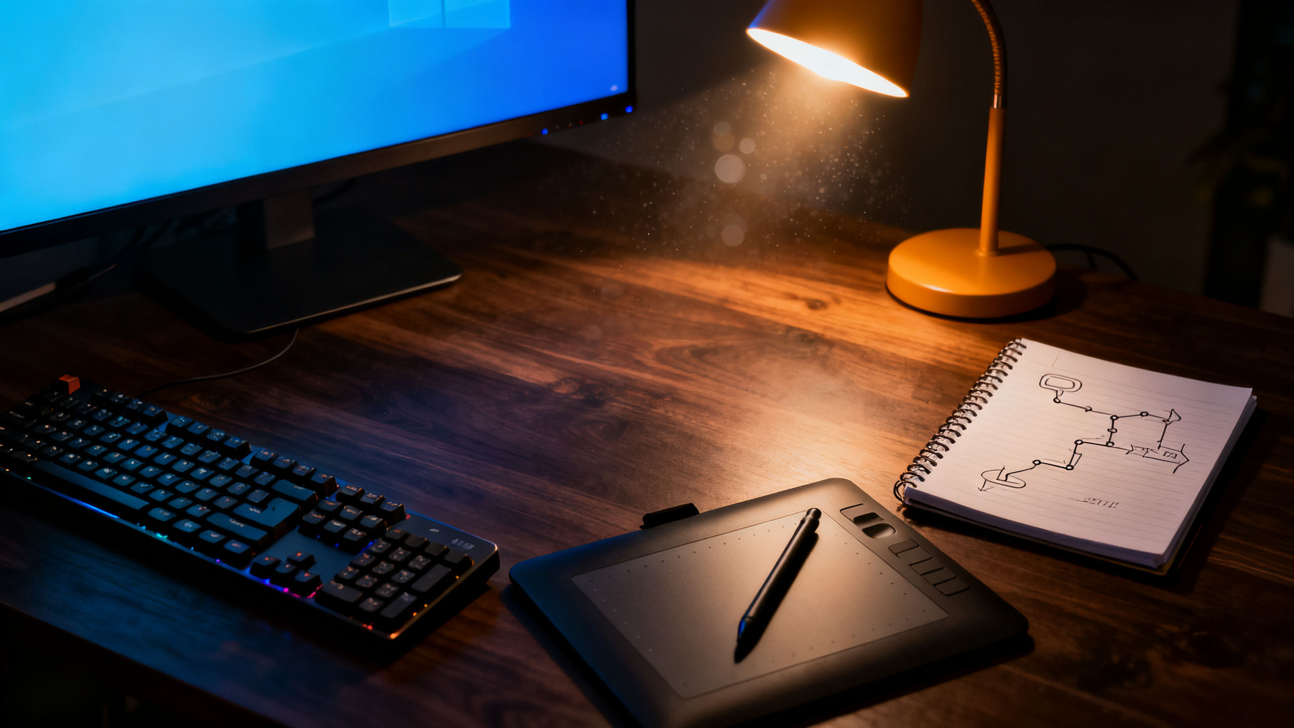 Karanlık çalışma masasında üçgen oluşturacak şekilde duran mekanik klavye, kalemli grafik tablet ve yol haritası çizili spiralli defter