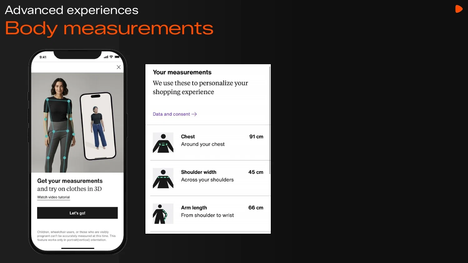 Zalando uygulamasında iki fotoğraftan çıkarılan vücut ölçüleri ekranı: göğüs, omuz genişliği ve kol boyu değerleri
