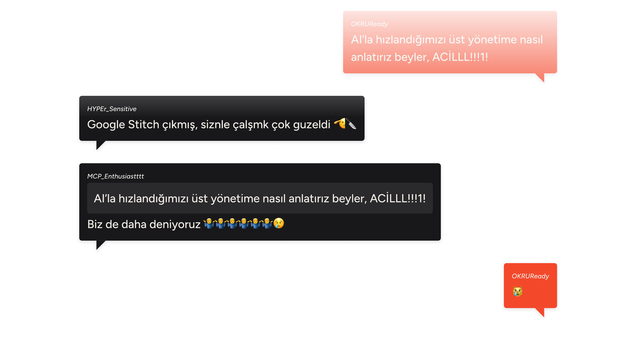 Üst üste binen sohbet balonları: "Figma MCP kullanan var mı", "plug-in'imizi yayınladık", "AI'la hızlandığımızı üst yönetime nasıl anlatırız"