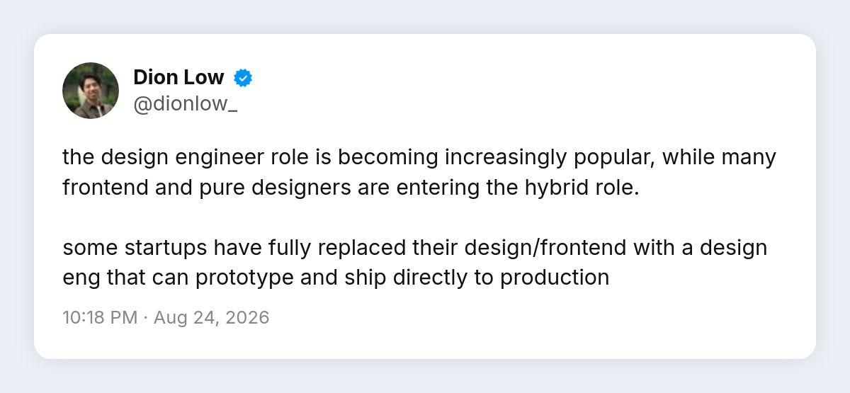 Design engineer rolünün yaygınlaştığını, bazı girişimlerin tasarım ve frontend'i tek rolle değiştirdiğini söyleyen yanıt