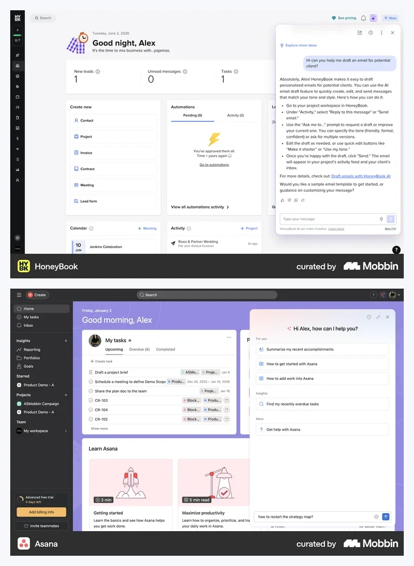 Üstte HoneyBook panelinin e-posta yazmak yerine adım adım tarif verdiği ekran, altta Asana panelinin hazır komutlarla açıldığı ekran