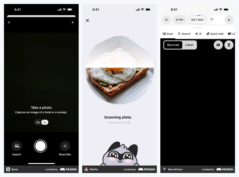 Üç mobil uygulamada kamera ile AI girişi: Bevel uygulamasında yemek ya da fiş fotoğrafı çekme ekranı, BitePal uygulamasında tabak taranırken çıkan kedi karakteri, MacroFactor uygulamasında Scan, Search, AI ve Quick Add sekmelerinin yan yana durduğu ekran