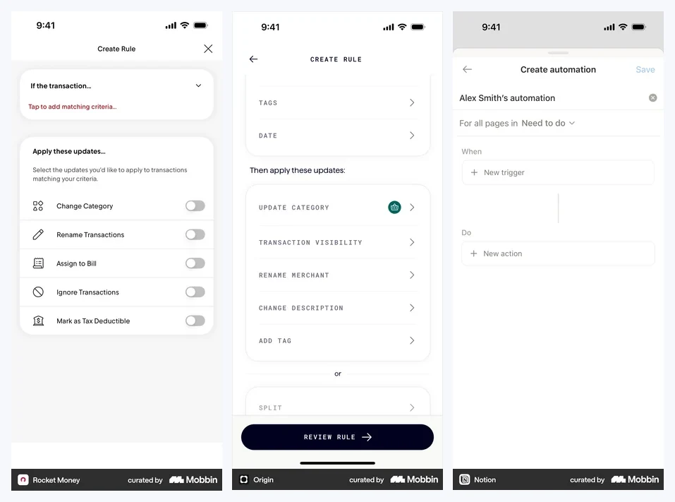 Üç uygulamada kural oluşturma ekranı: Rocket Money uygulamasında işlem eşleşince uygulanacak güncellemeler, Origin uygulamasında etiket ve tarihe göre kategori güncelleme, Notion uygulamasında yeni tetikleyici ve yeni aksiyon alanları