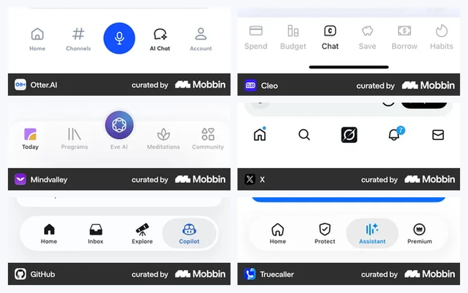 Altı mobil uygulamanın alt menü şeridi yan yana: Otter AI Chat sekmesi, Cleo Chat sekmesi, Mindvalley ortada Eve AI, X ortada Grok ikonu, GitHub Copilot sekmesi, Truecaller Assistant sekmesi