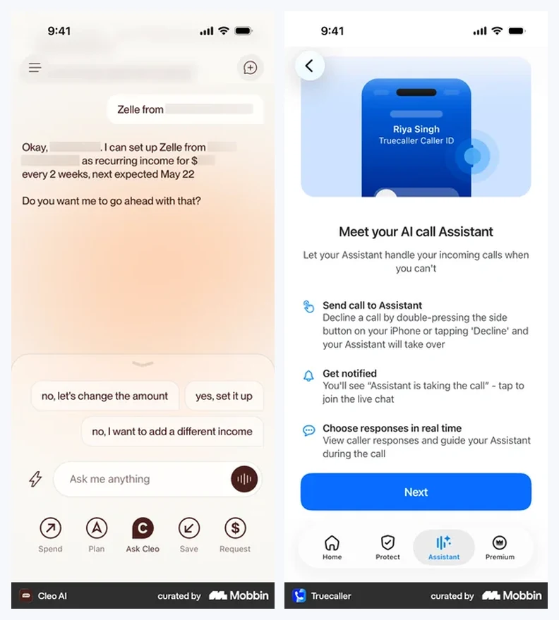 Solda Cleo uygulamasında asistanın düzenli gelir kaydı kurmayı teklif edip onay istediği ekran, sağda Truecaller uygulamasında AI asistanın gelen aramaları karşılayacağını anlatan tanıtım ekranı
