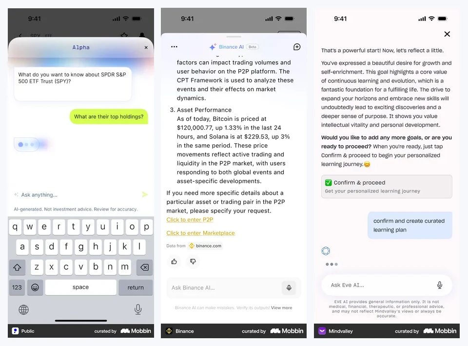 Üç mobil uygulamada AI giriş kutusunun altındaki feragatname metinleri: Public uygulamasında yatırım tavsiyesi olmadığı uyarısı, Binance uygulamasında çıktıların doğrulanması uyarısı, Mindvalley uygulamasında tıbbi ve finansal tavsiye olmadığı uyarısı