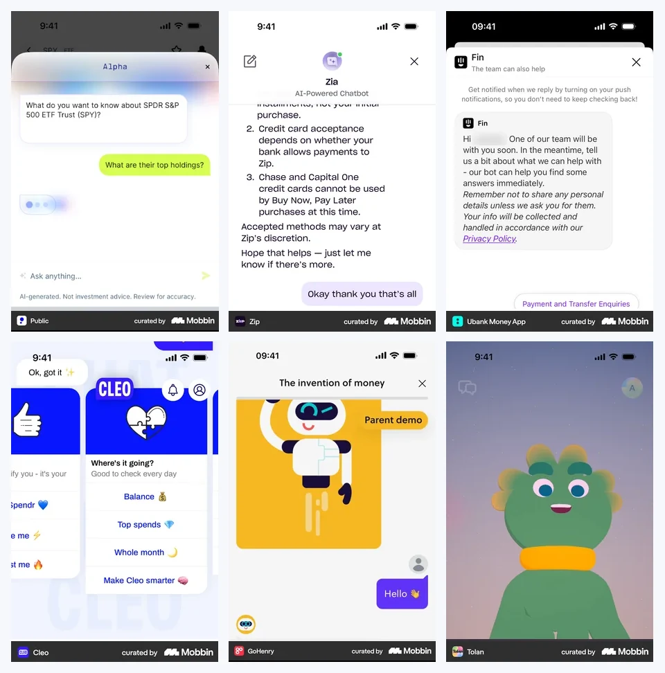 Altı mobil uygulamada AI asistanının görünümü: Public uygulamasında sadece Alpha yazısı, Zip uygulamasında Zia adı ve küçük avatar, Ubank uygulamasında Fin adı ve logo işareti, Cleo uygulamasının mor marka dünyası, GoHenry uygulamasının çizgi robot karakteri, Tolan uygulamasının tam ekran üç boyutlu yaratığı