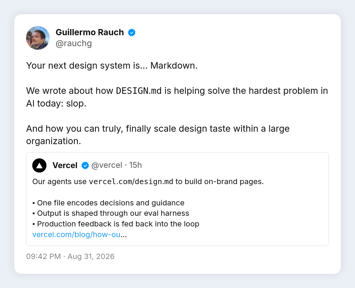 Guillermo Rauch'un tweet'i: sıradaki tasarım sisteminiz Markdown olacak