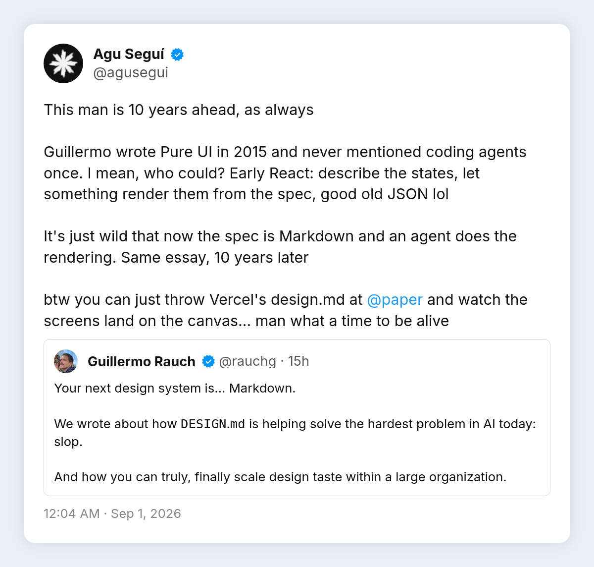 Pure UI bağlantısını kuran alıntı tweet: 2015'te spec JSON'du, bugün Markdown ve render eden bir ajan