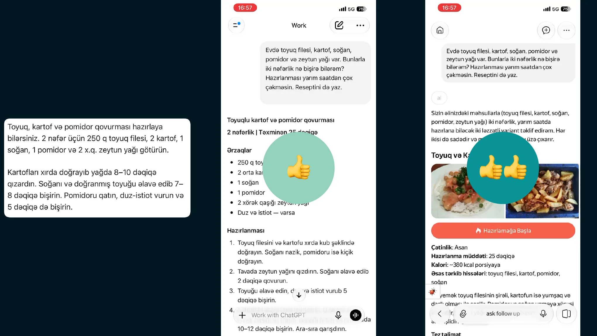 Aynı tarif sorgusuna üç cevap: solda iki paragraflık düz metin, ortada malzemeleri ve adımları ayrı listeleyen ChatGPT cevabı tek başparmakla, sağda fotoğraflı, kalori ve süre bilgili Yazeka cevabı çift başparmakla işaretli