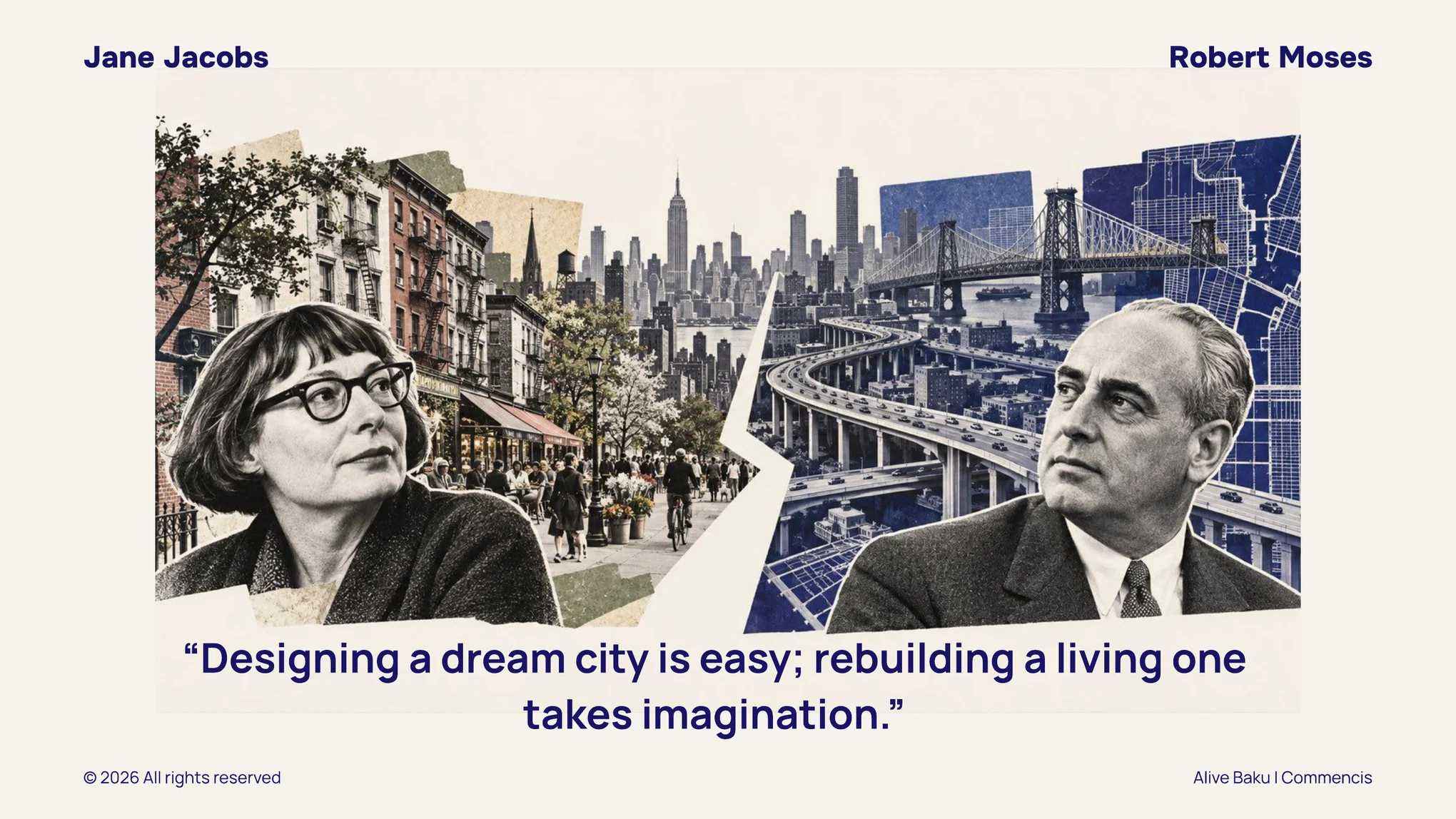 Solda Jane Jacobs ve kaldırımlı bir sokak, sağda Robert Moses ve otoyollar; altta rüya şehri tasarlamanın kolay, yaşayan şehri yeniden kurmanın hayal gücü istediğini söyleyen alıntı