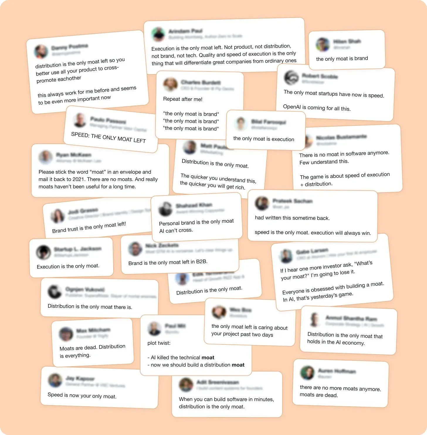 X'te 'tek moat şu' diyen tweet'lerden oluşan kolaj: distribution, hız, marka, execution
