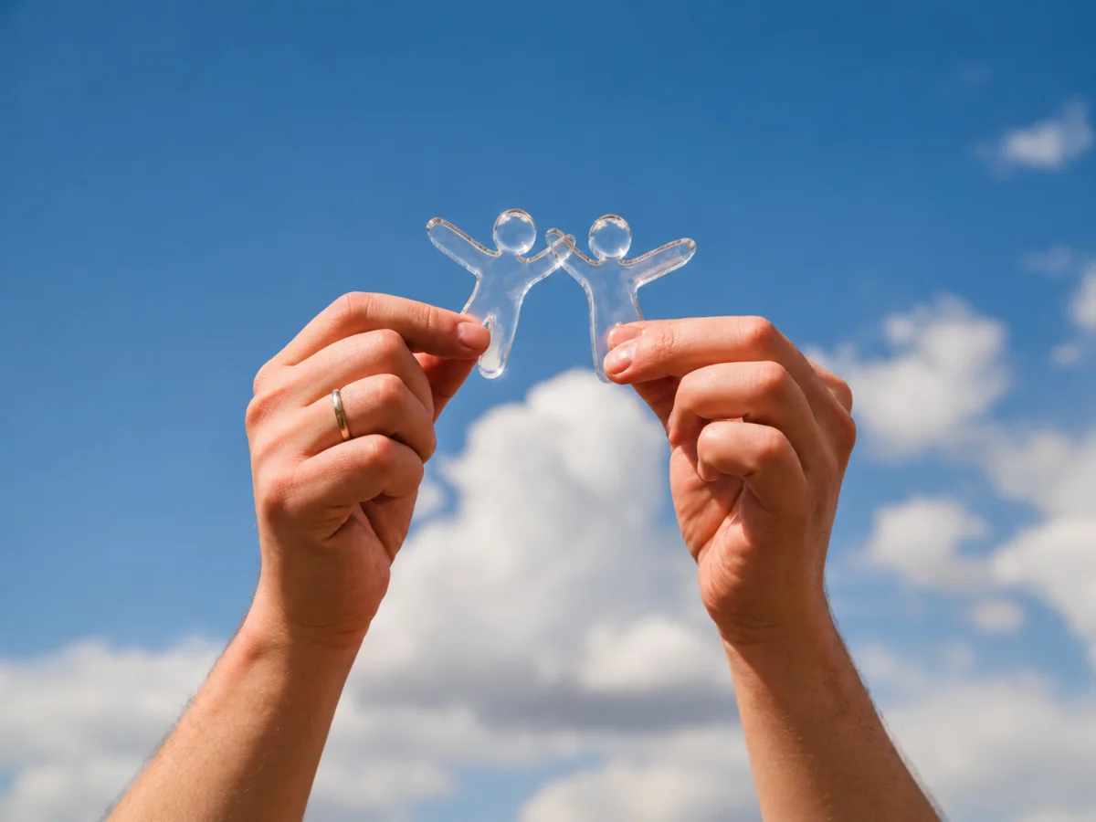 Two glass figurines held up against a blue sky, symbolizing teamwork