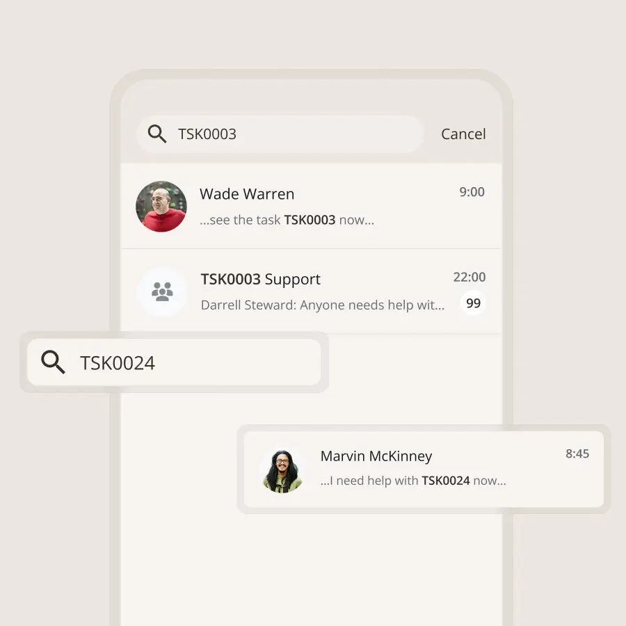 Zinier mobile chat search finding conversations by task ID.