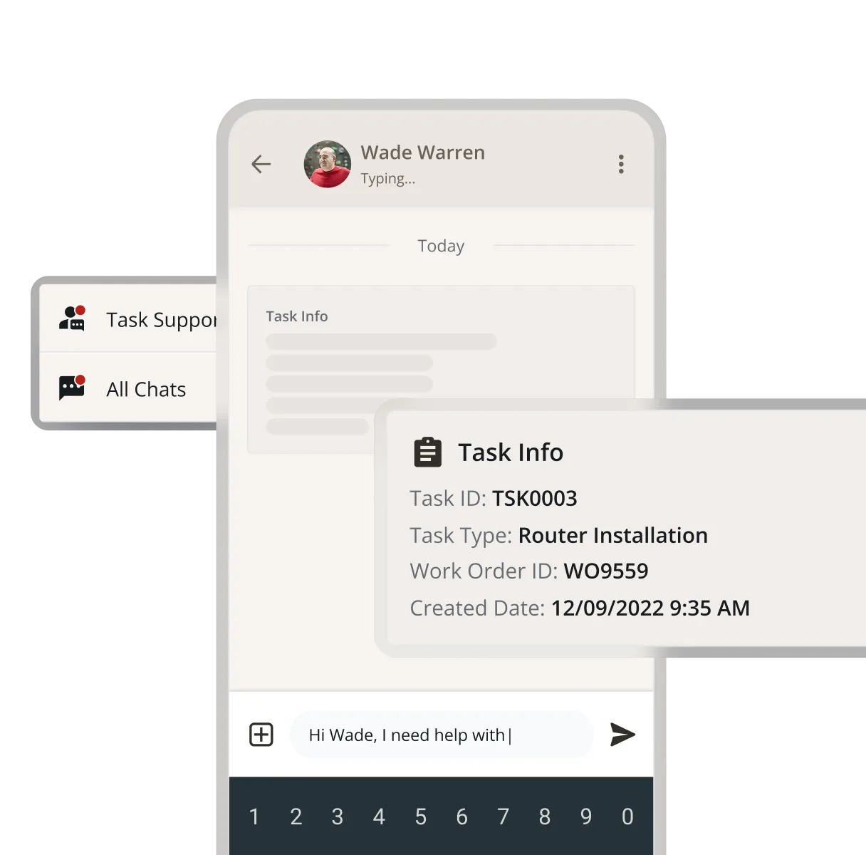 Zinier mobile chat with a technician sharing task info including task ID, type and work order.