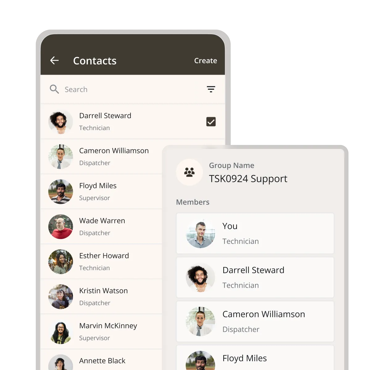 Zinier chat contacts list creating a task support group with technicians, dispatchers and supervisors.