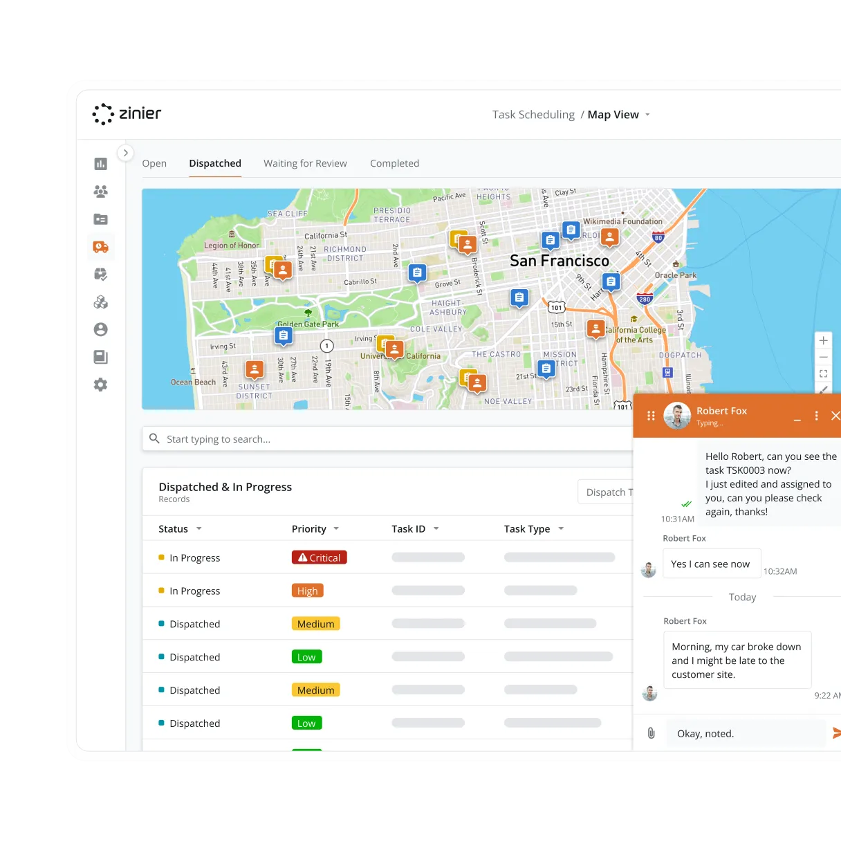 Zinier dispatch map view with a chat window between a dispatcher and field technician about a task.