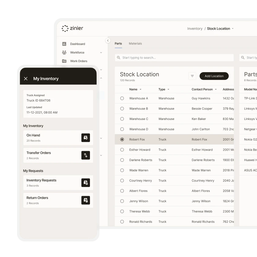 Zinier inventory stock locations list for warehouses and trucks alongside a technician mobile inventory view.