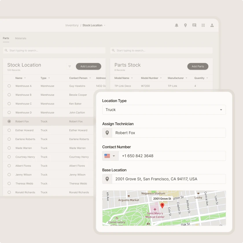 Zinier stock location management assigning a truck location to a technician with base address on a map.