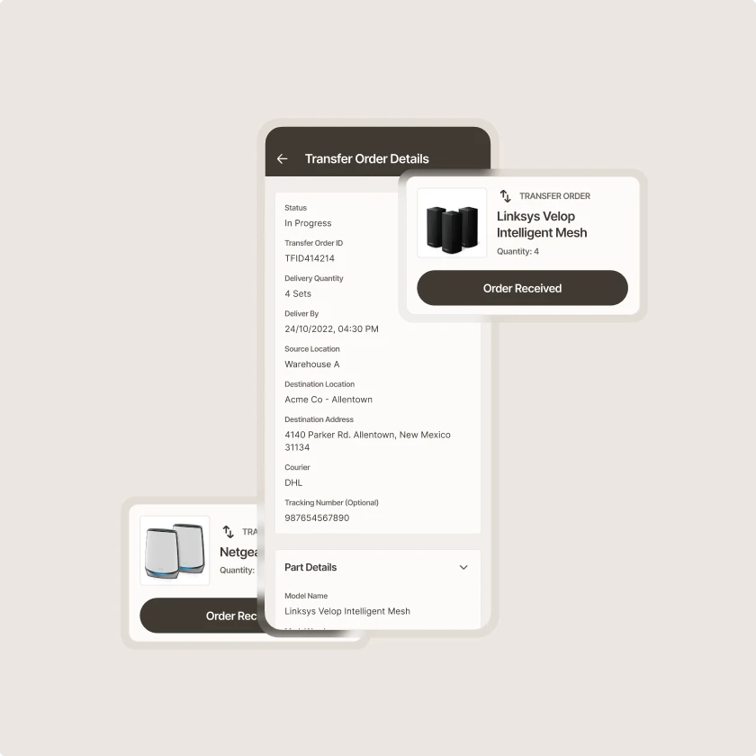 Zinier mobile transfer order details letting a technician confirm receipt of delivered parts.