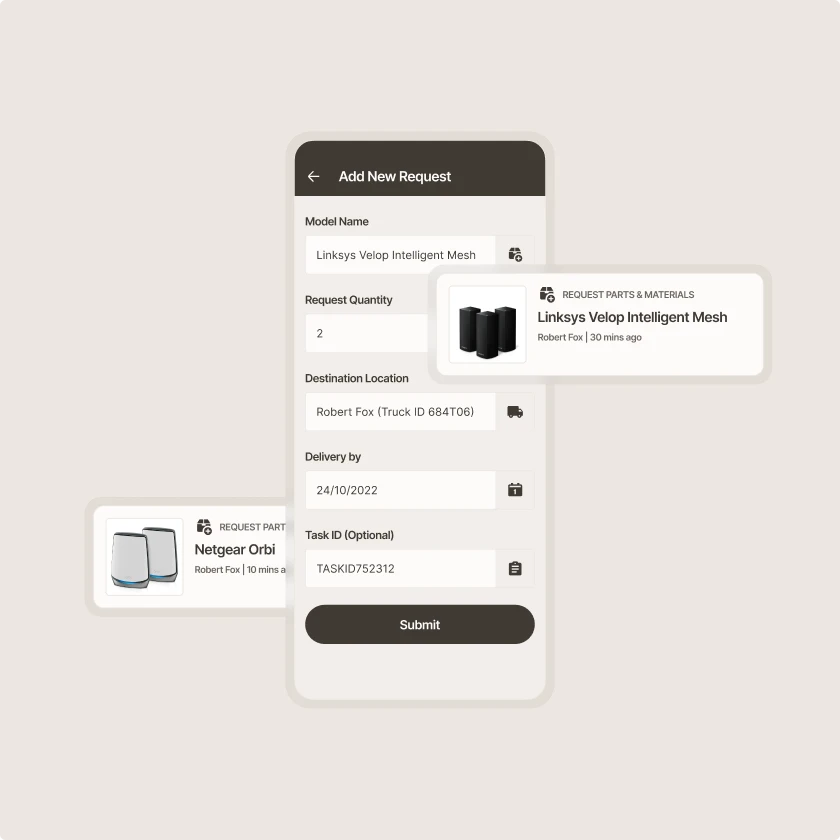 Zinier mobile parts request form ordering router equipment for delivery to a technician truck.