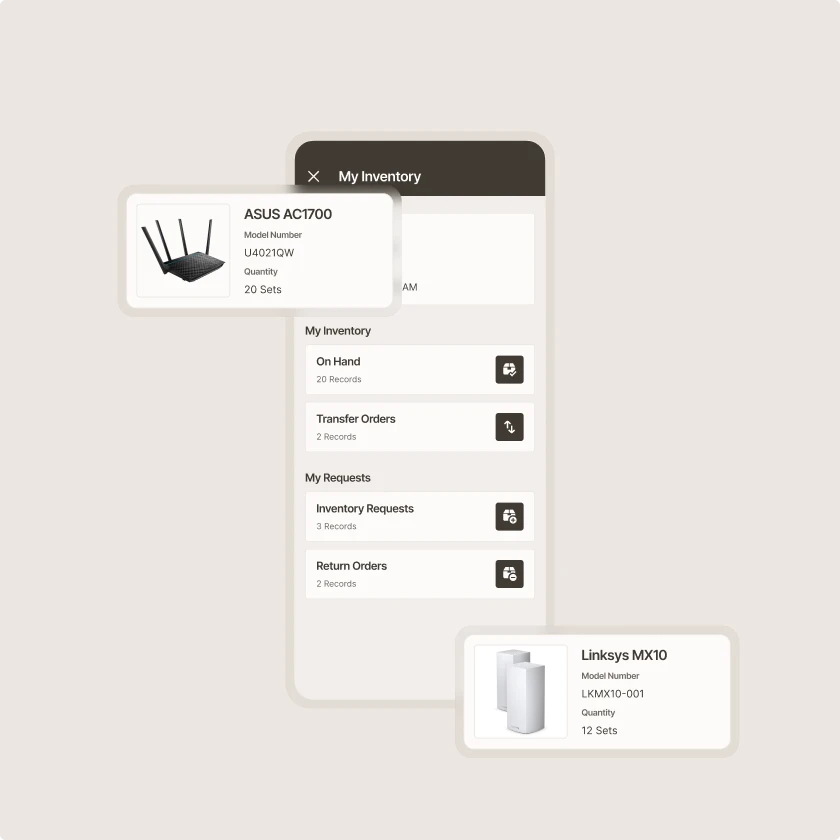 Zinier mobile My Inventory screen showing on-hand parts, transfer orders and return requests.