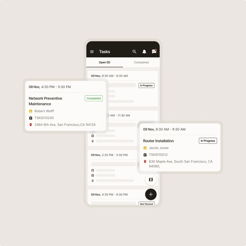 Zinier mobile task list showing scheduled jobs with status, technician, task ID and address.