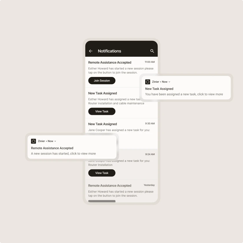 Zinier mobile notifications for new task assignments and remote assistance sessions.