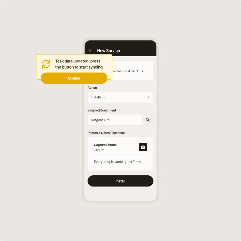 Zinier mobile app prompting a technician to sync task data updated while working offline.