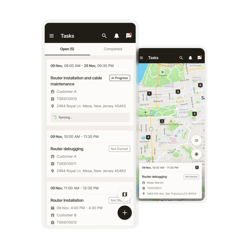 Zinier mobile task execution app with a technician task list and map view of assigned jobs.