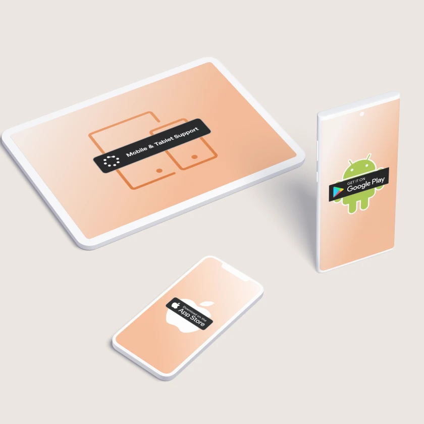Tablet and phones showing Zinier mobile app support on the App Store and Google Play.