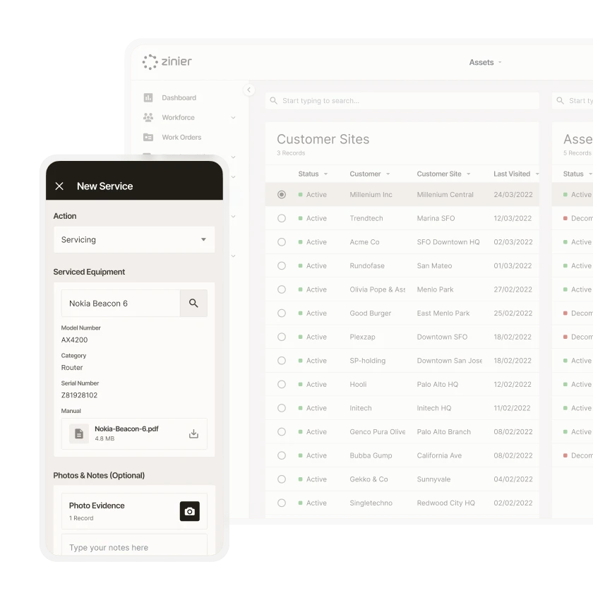Zinier asset management with a customer sites list and mobile servicing form for field equipment.