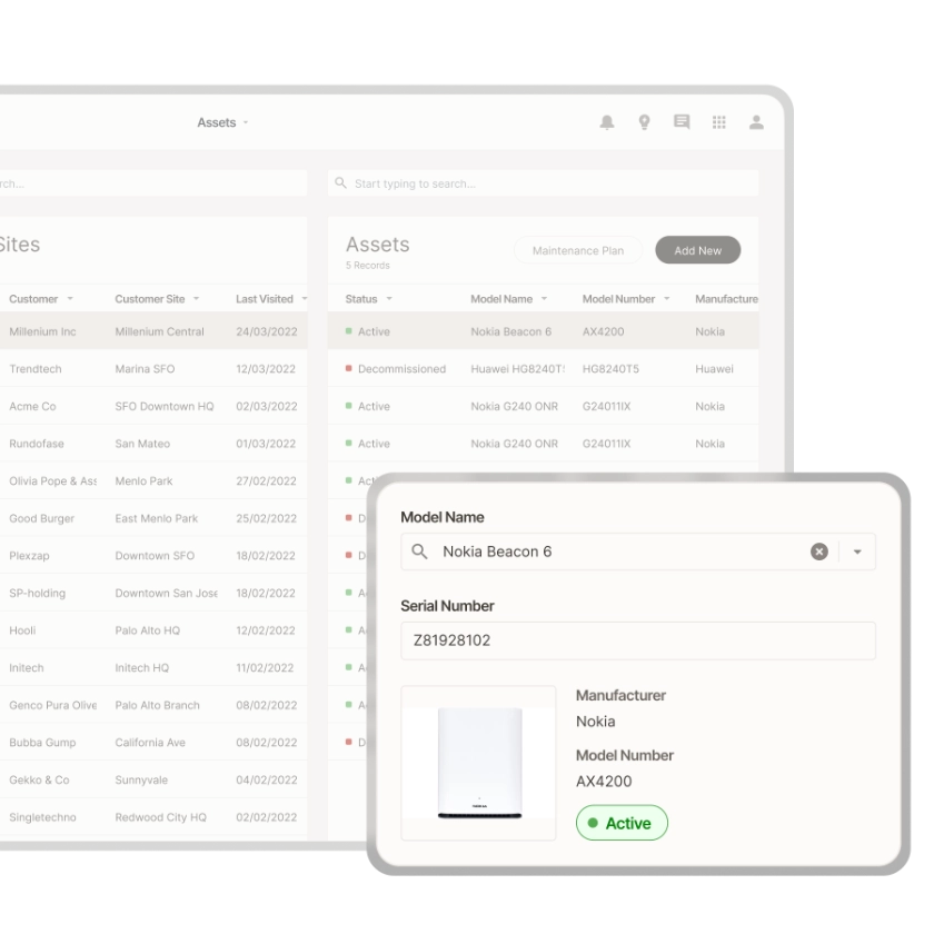 Zinier asset tracking view listing customer sites and assets with an active Nokia Beacon 6 detail card.