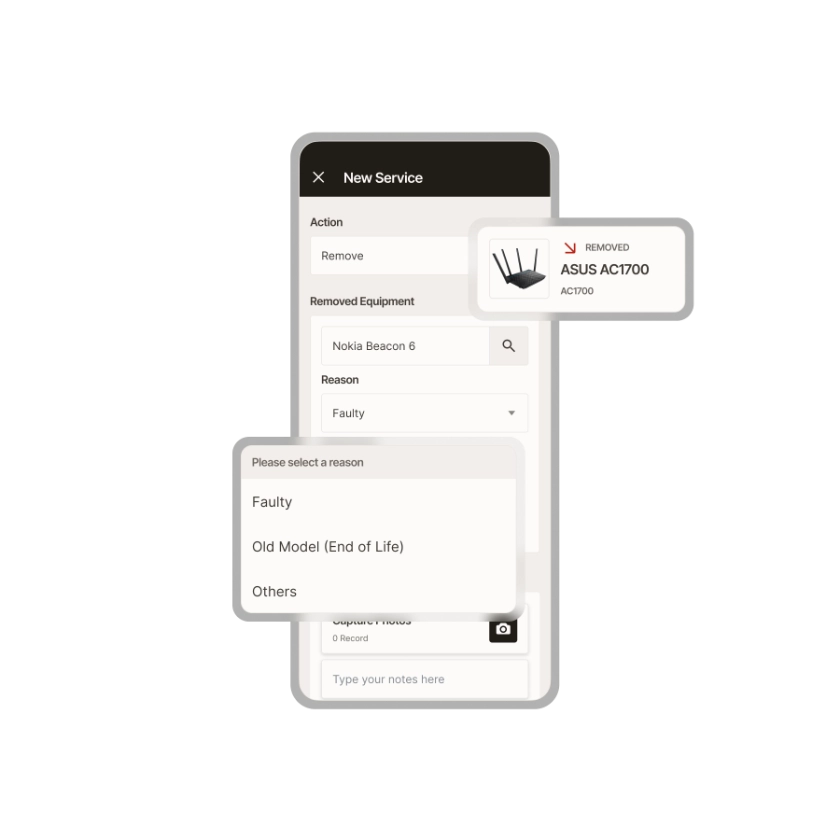 Zinier mobile service form removing an ASUS router with reason options such as faulty or end of life.