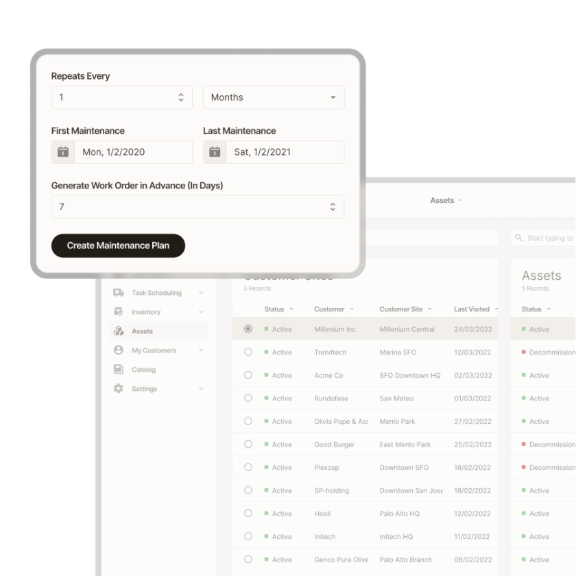 Zinier asset list with a form to create a recurring maintenance plan and generate work orders in advance.