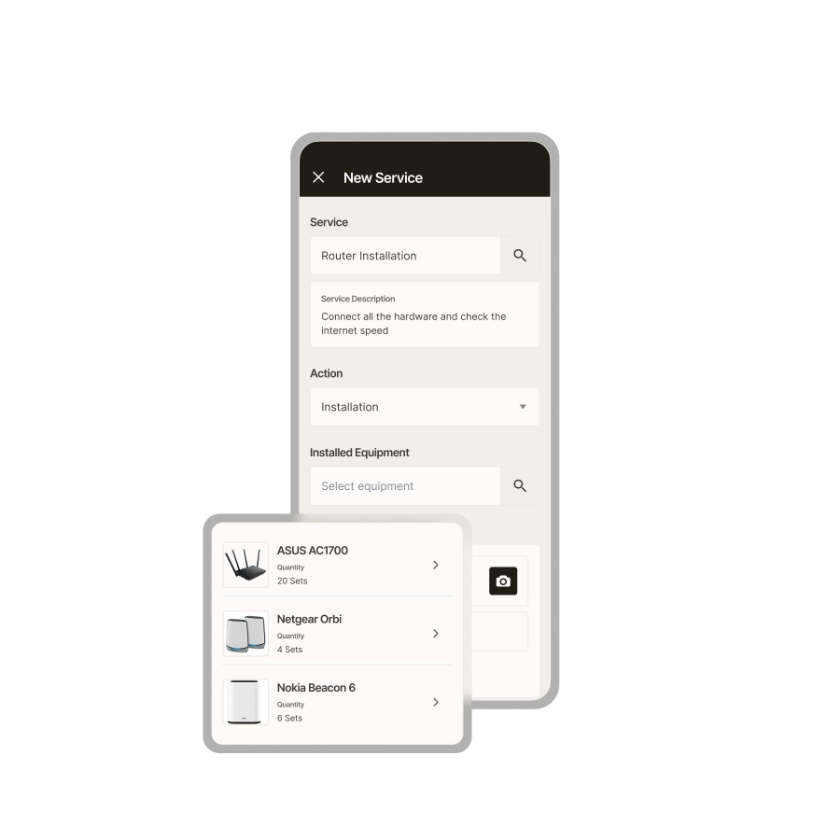 Zinier mobile router installation form with technician equipment selection from available stock.