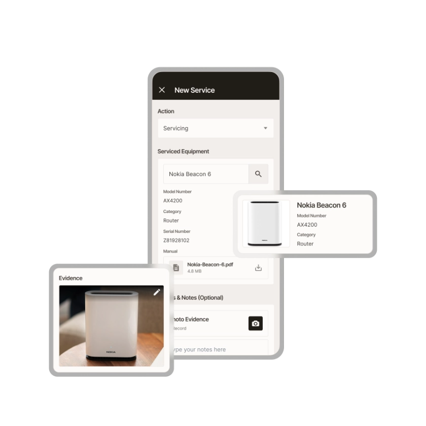 Zinier mobile servicing form for a Nokia Beacon 6 router with equipment details, manual and photo evidence.