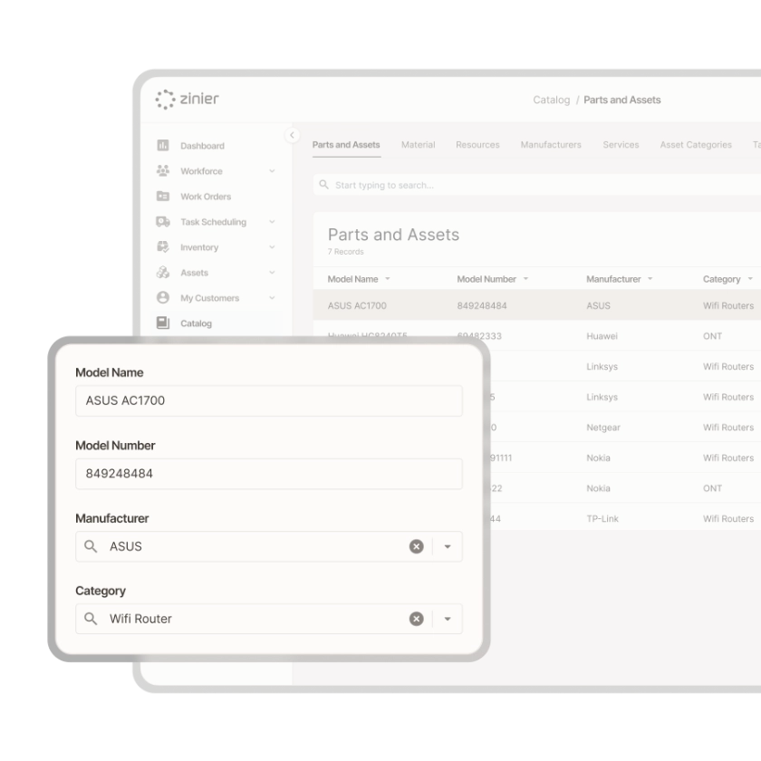 Zinier parts and assets catalog listing router models with a form to add model, manufacturer and category.