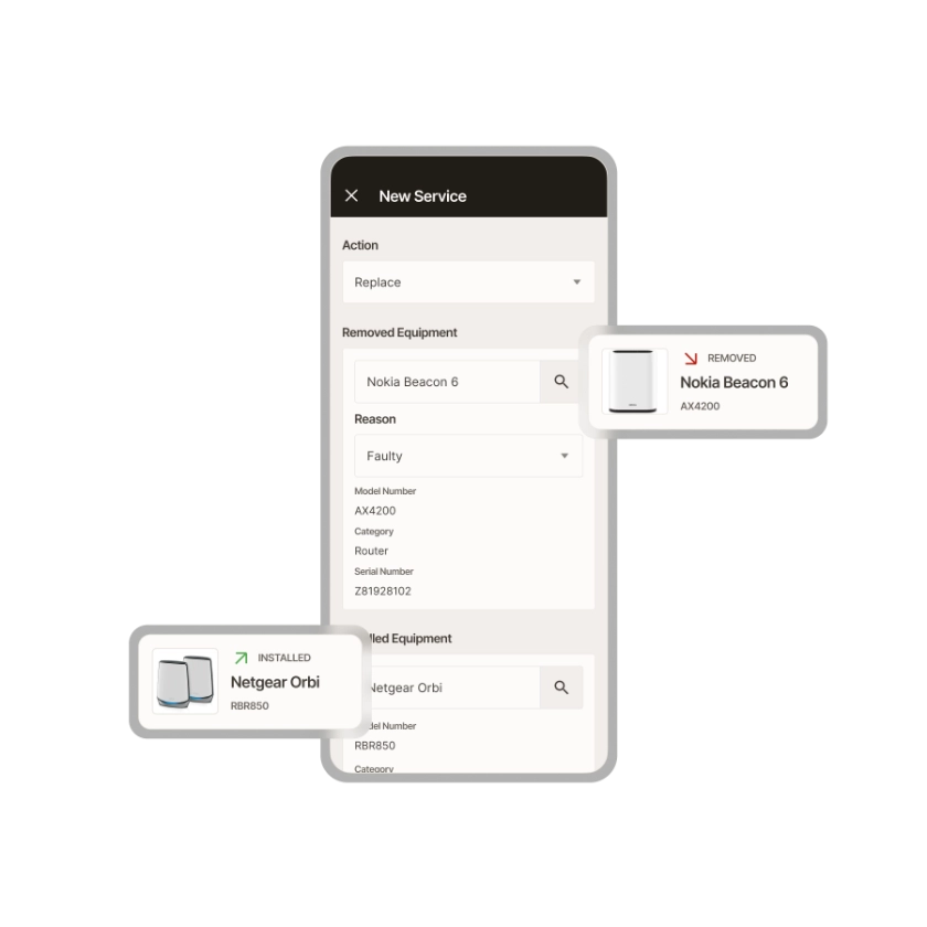 Zinier mobile service form replacing a faulty Nokia Beacon 6 router with a Netgear Orbi.