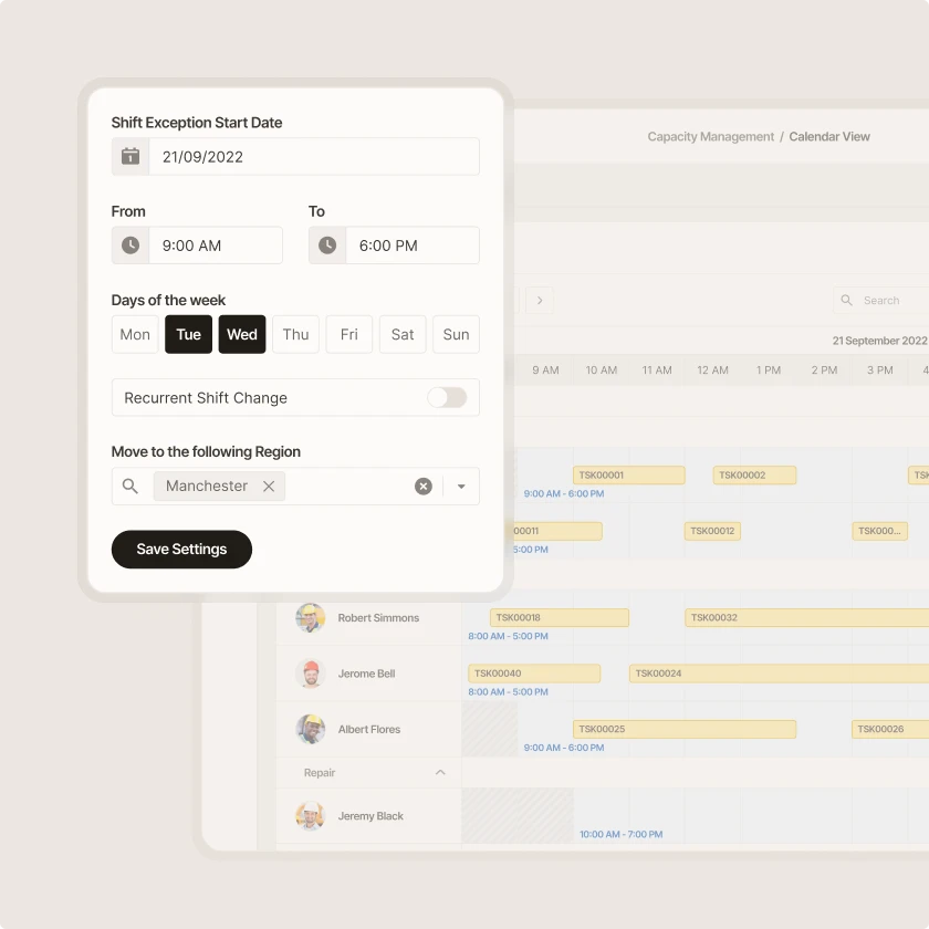 Zinier capacity calendar with a shift exception form to change technician hours, days and region.